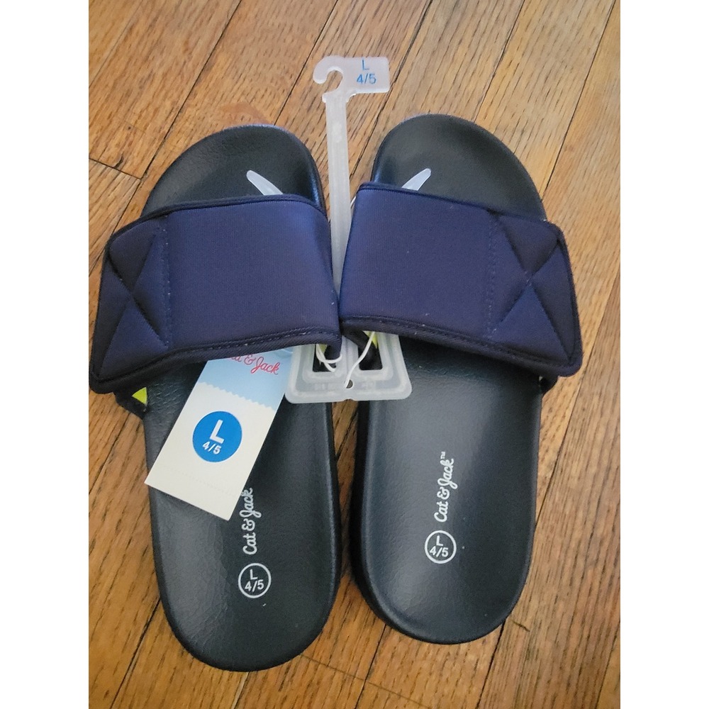 Cat & Jack Boys Navy Blue Slide Sandals Padded Strap Size L 4/5 NWT